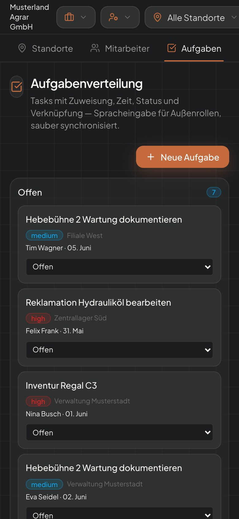 Aufgaben in der Mitarbeiter-App